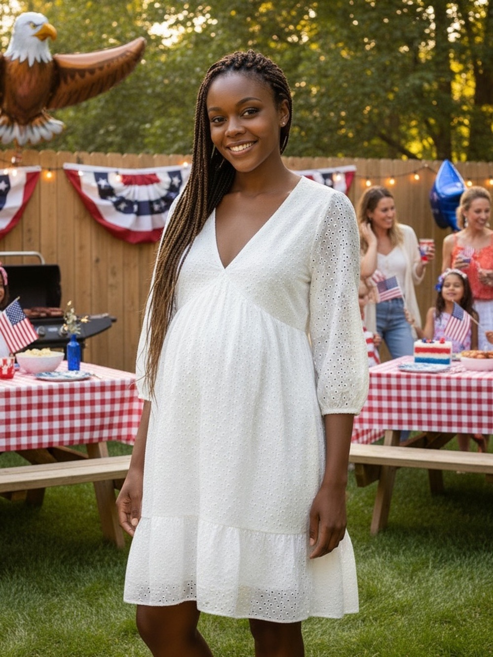 White Eyelet V-Neck Maternity Dress - Comfortable Summer Party Dress